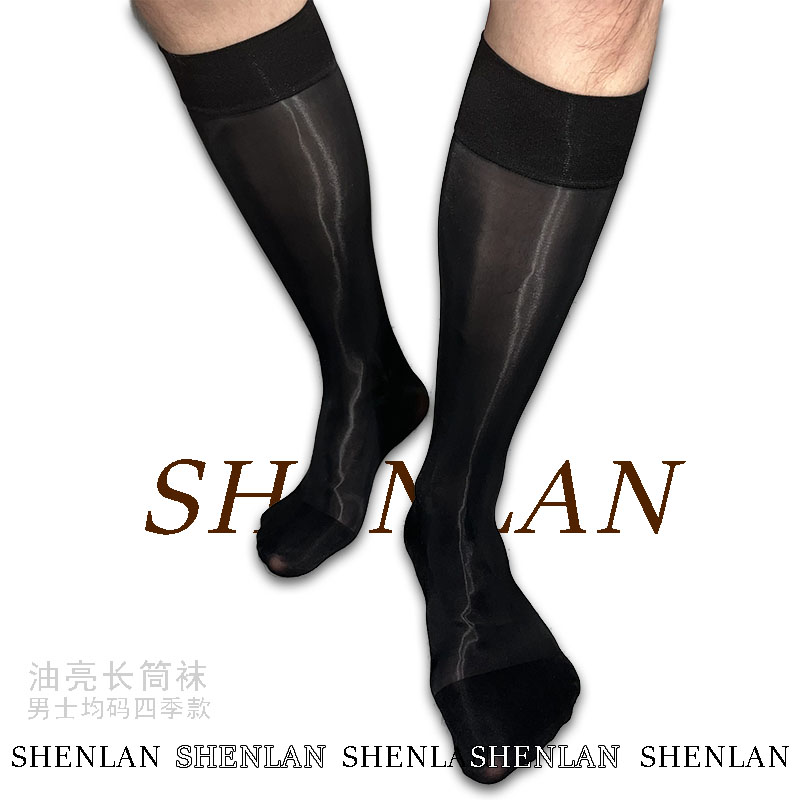 男士丝袜夏季商务中长筒薄款绅士锦纶黑色正装袜子马油亮光水反光