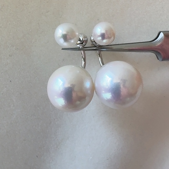 淡水珍珠耳饰银S925镶嵌双珠耳饰14mm+