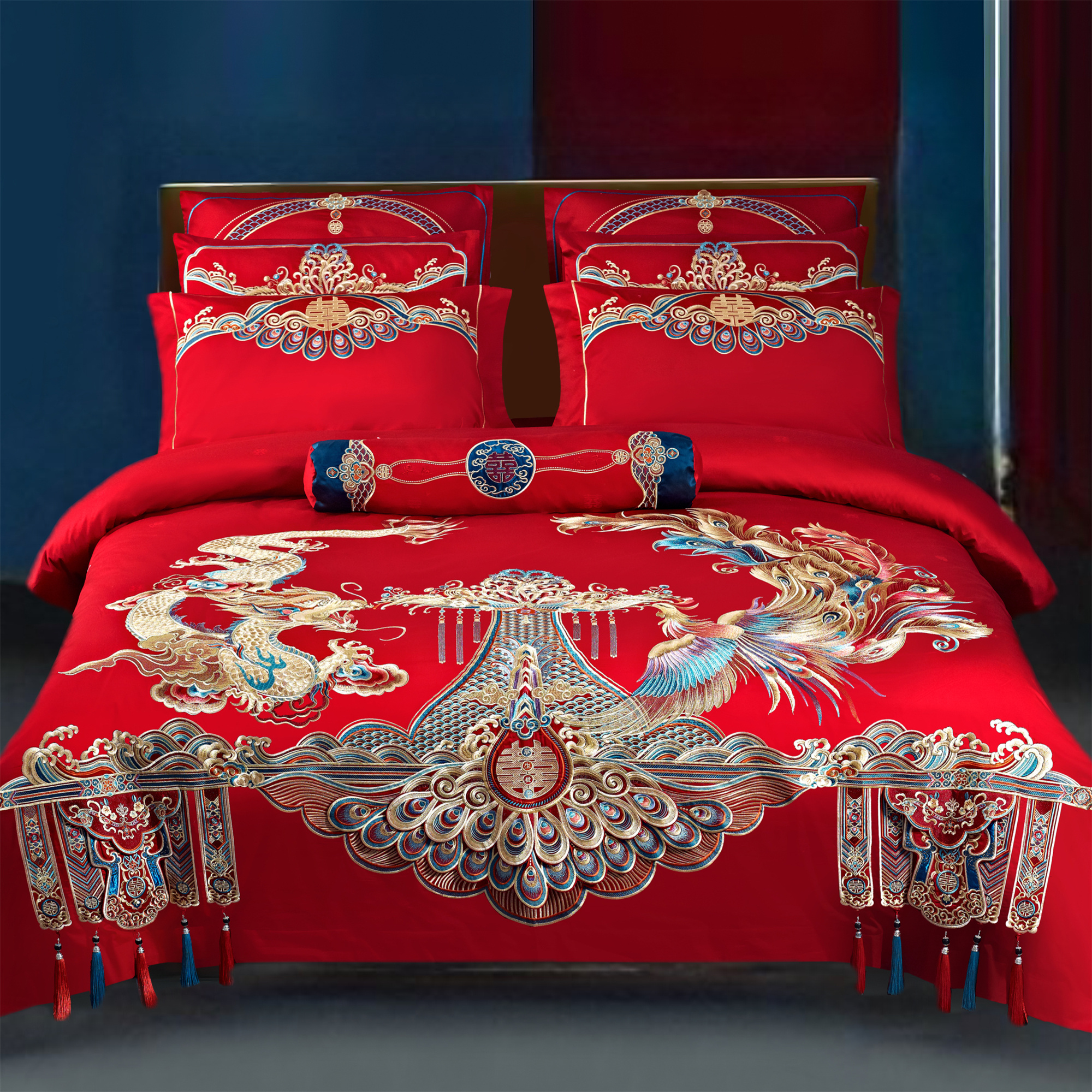婚床套餐款盛世王朝原创设计高端匹马棉刺绣结婚四件套大红黄一恒