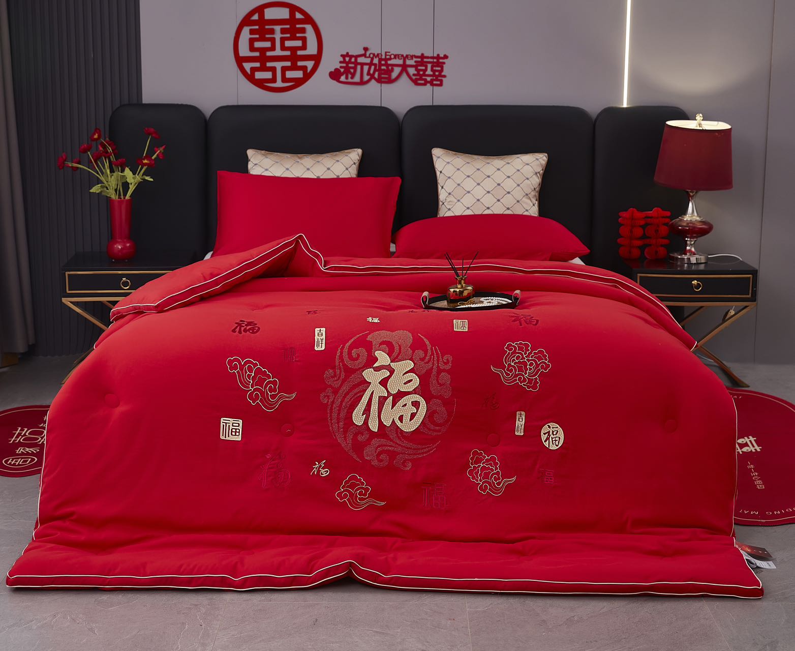 福气满满结婚喜被奶芙棉高档大红色婚被秋冬被婚房绣花婚庆黄一恒