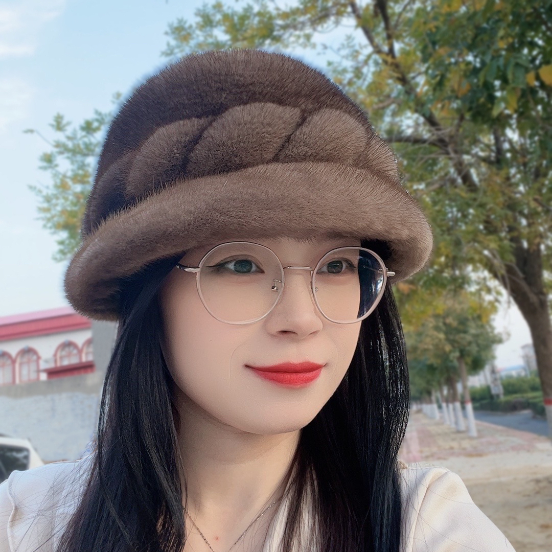 新圣祥水貂毛皮草帽子圆边麻花腰线渔夫帽整貂女士帽子冬季