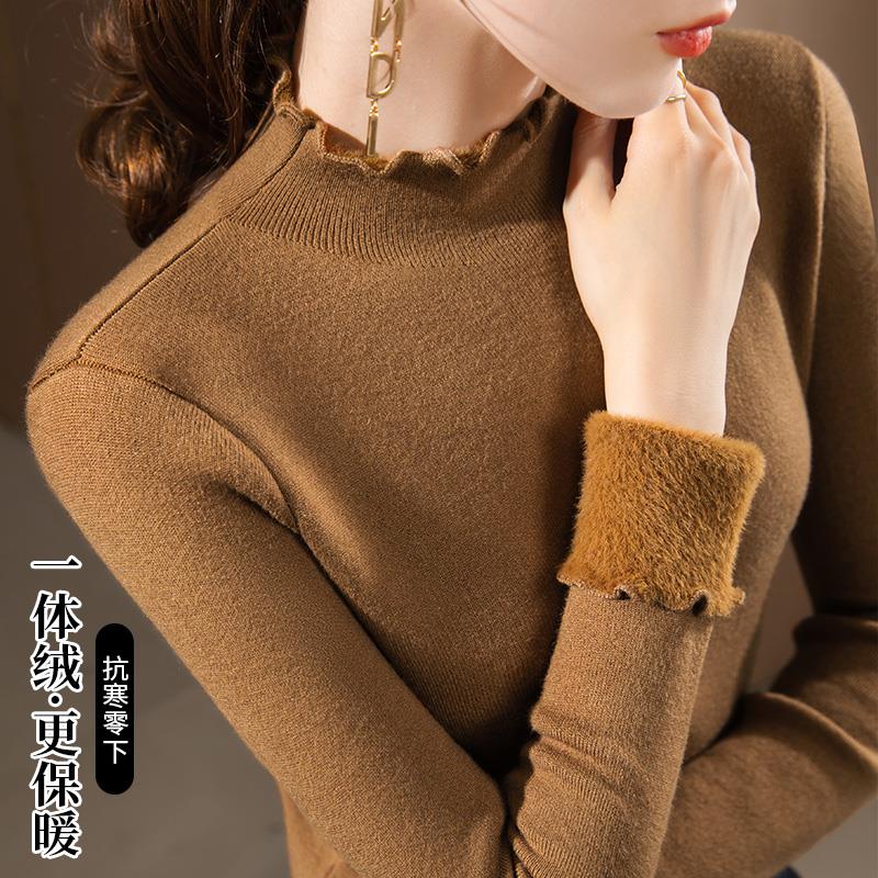 驼色一体绒打底衫女半高领修身内搭加绒毛衣针织衫女冬季2024新款