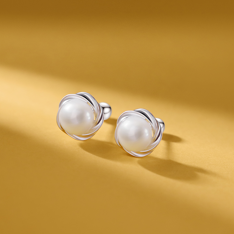 言若银匠 足银耳饰 纯银耳钉女优雅珠珠法式淑女风养耳洞免摘ED15