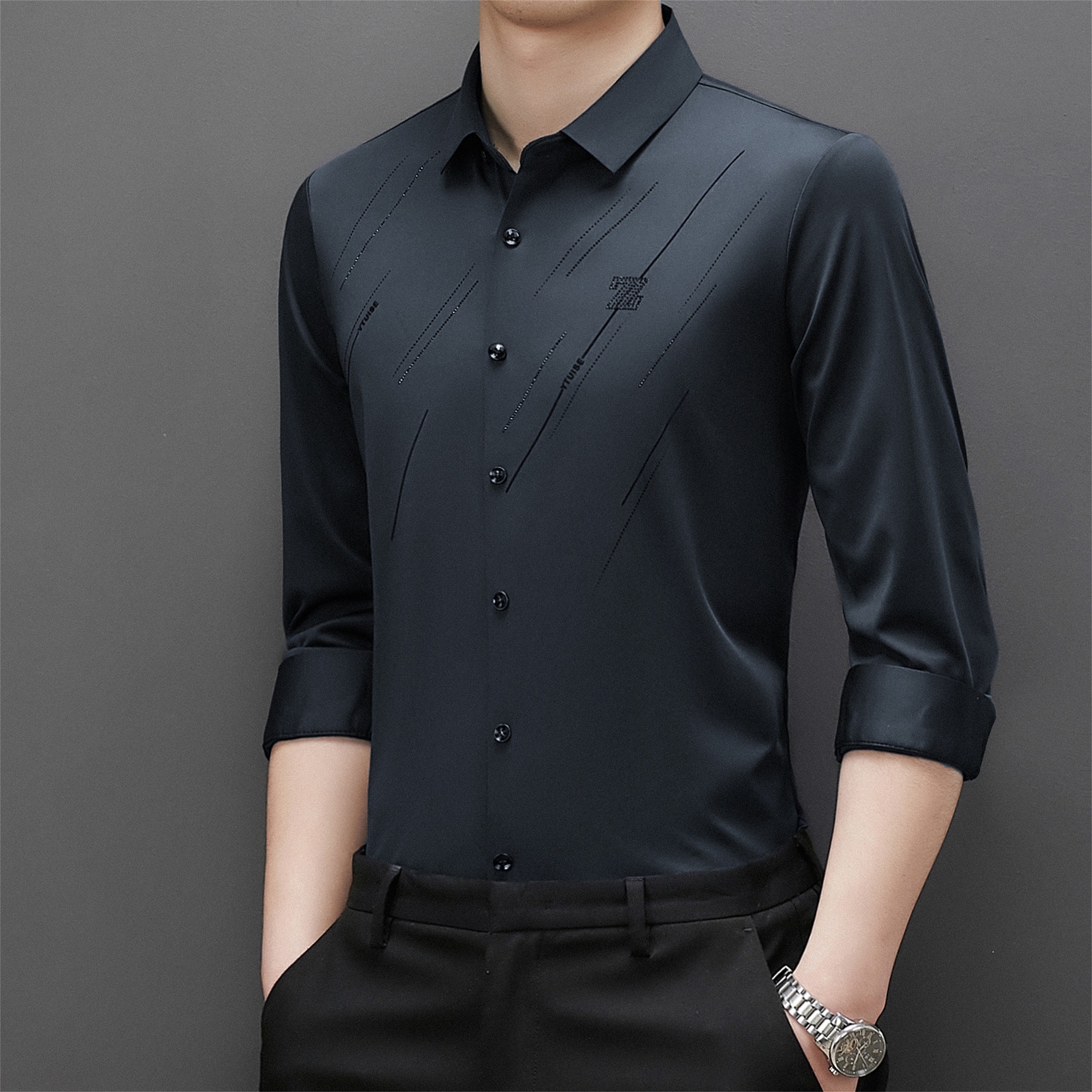 高档休闲时尚轻奢秋季男士弹力百搭长袖长袖修身衬衫