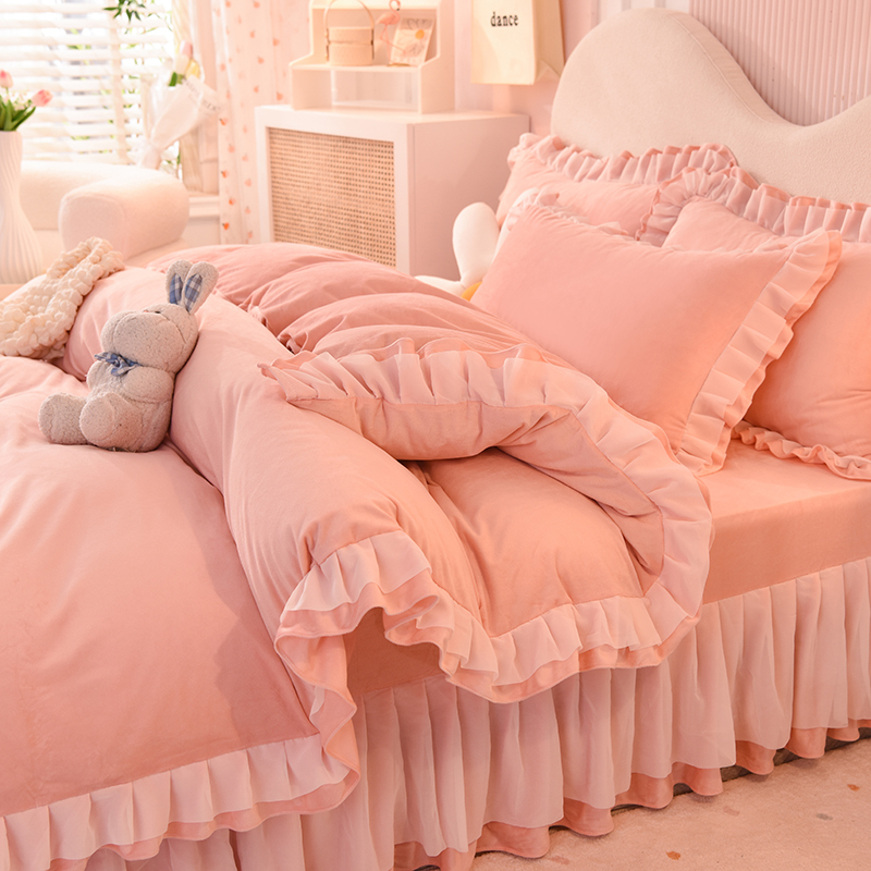 加厚牛奶绒床上四件套冬季床裙款珊瑚绒法兰绒花边被套床上三件套