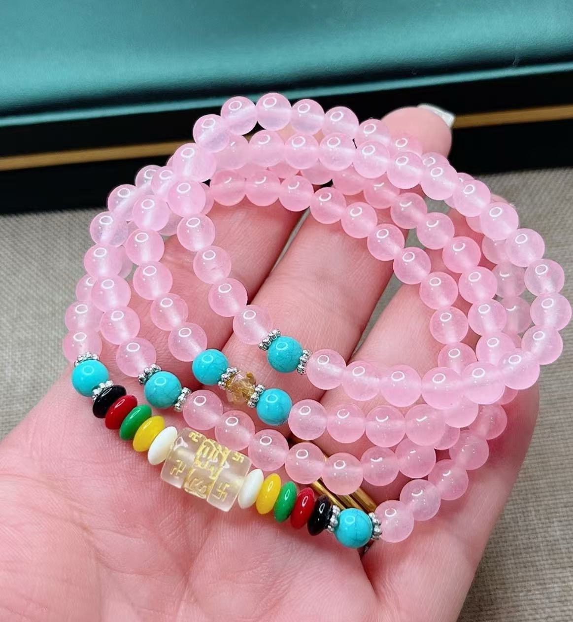 玛瑙玉髓粉色多圈手链卡6mm可做手链 也可以做毛衣链 项链