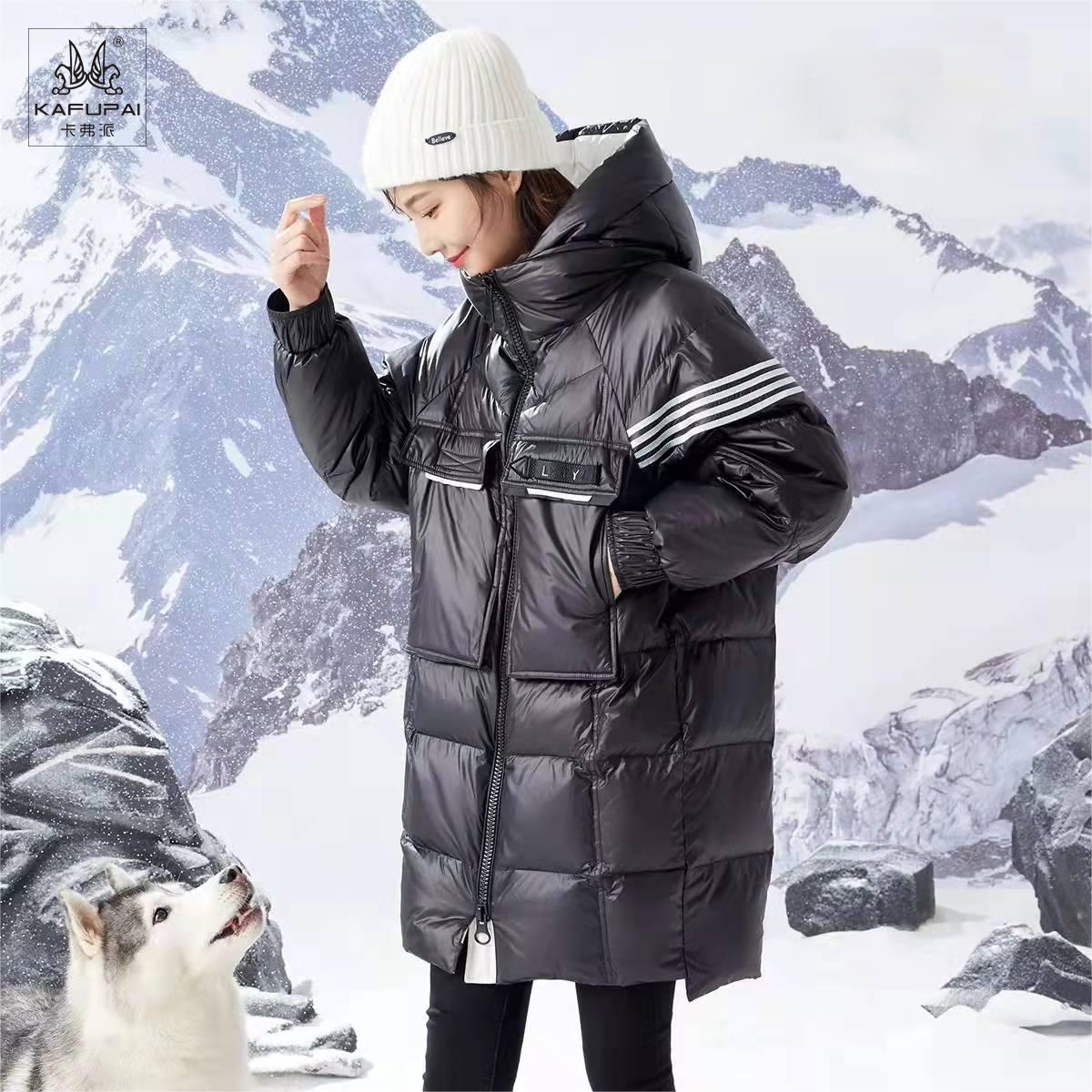 卡弗派羽绒服90绒冬季保暖连帽女装中长款休闲百搭外套55