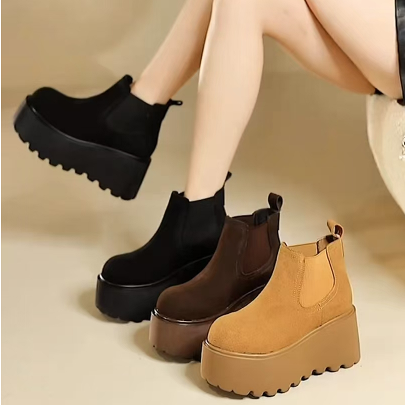 欧洲站厚底松糕切尔西靴子女鞋子增高马丁靴磨砂真皮烟筒靴短靴潮
