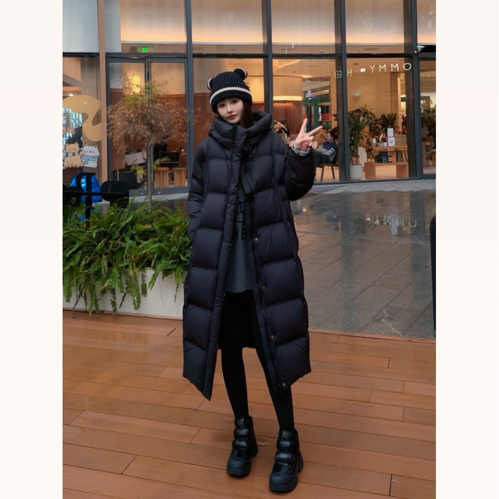 【重磅高克重鹅绒服】磁吸扣连帽黑色鹅绒服百搭保暖过膝长款羽绒服