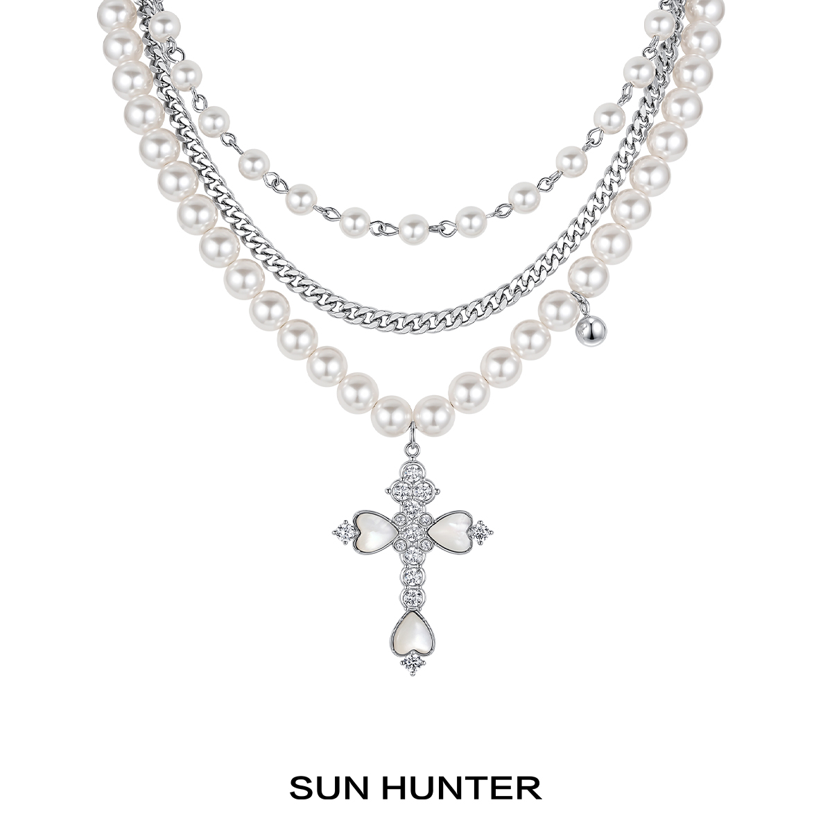 铜合金仿珍珠项链 三横SUN HUNTER原创三层串珠花瓣十字架项链