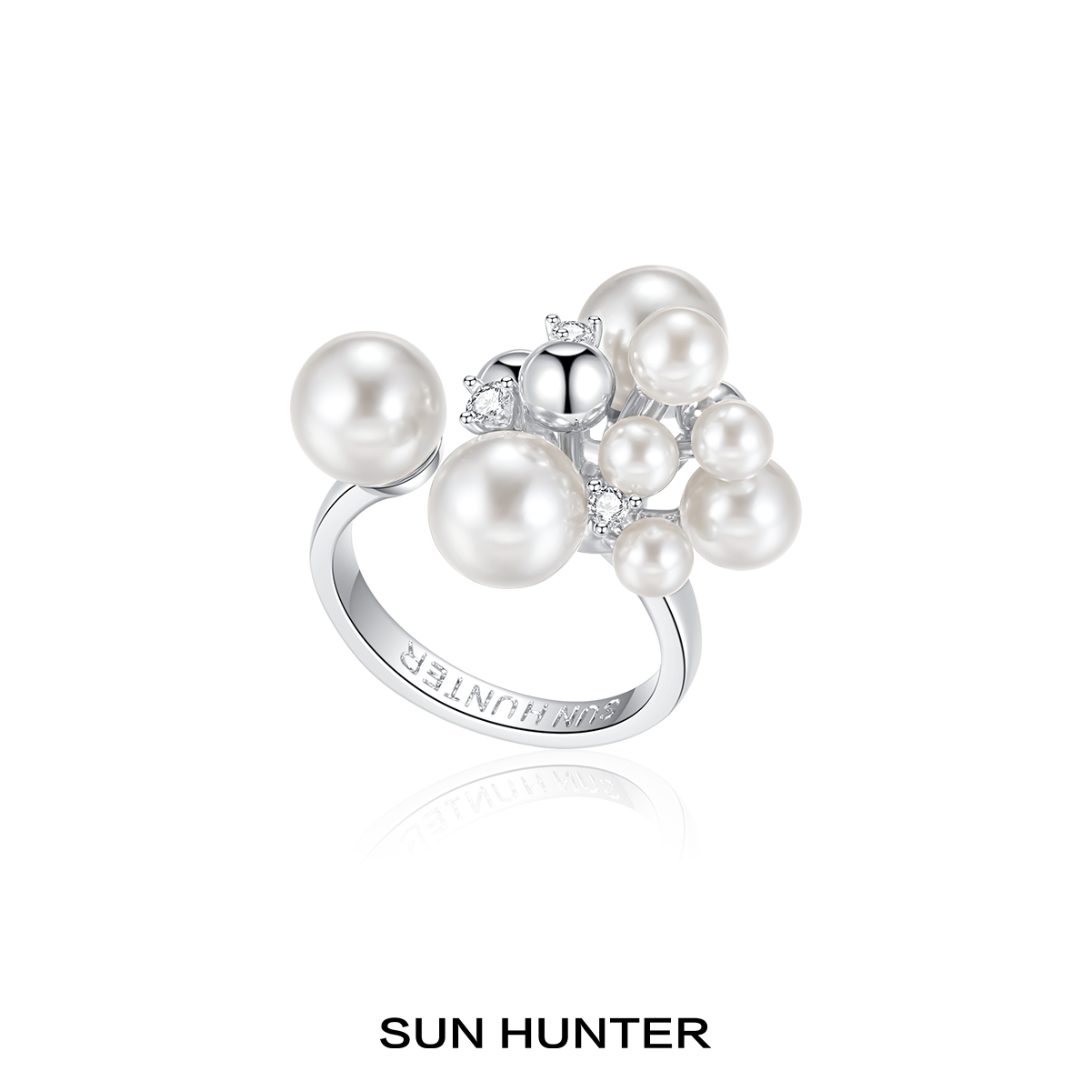 铜合金仿珍珠戒指 三横SUN HUNTER原创爆炸珠珠开口戒指小众个性