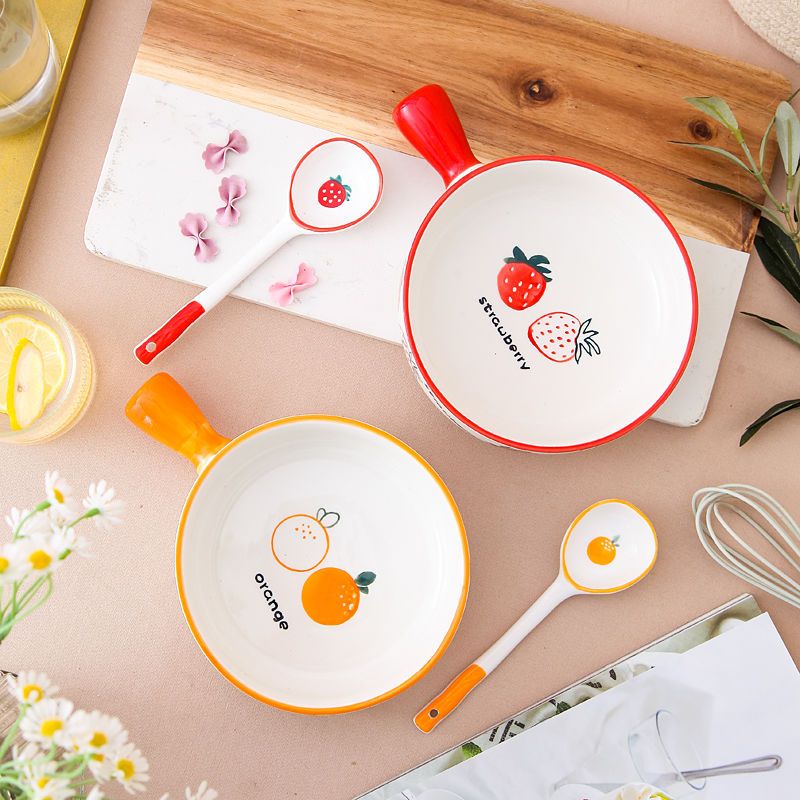 新款水果泡面碗带手柄陶瓷餐具手柄碗网红饭碗家用微波炉创意烤碗