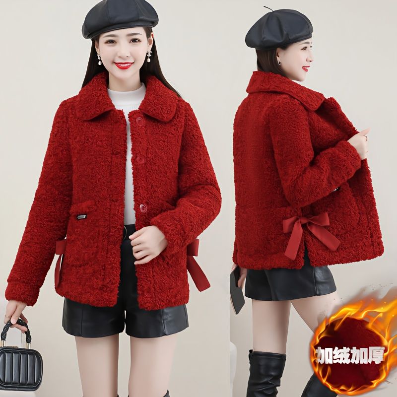 加绒加厚羊羔绒外套女新款中老年休闲妈妈加绒外套保暖毛毛上衣