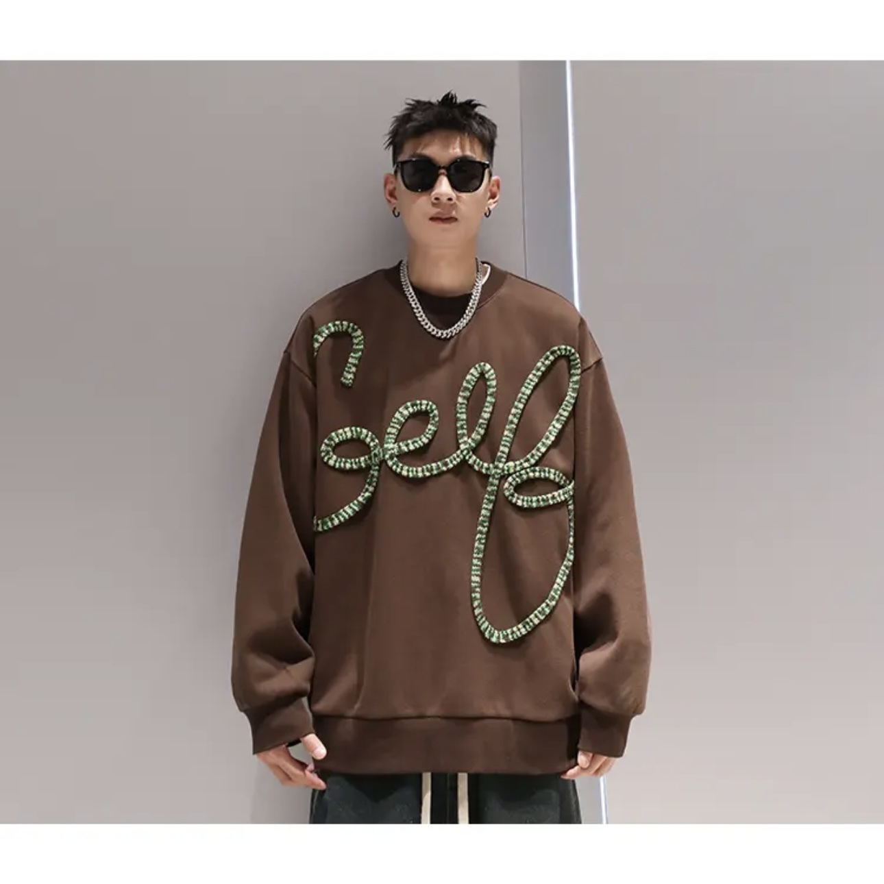 毛线图案拼接圆领卫衣   秋季男士美式潮牌宽松休闲卫衣24063