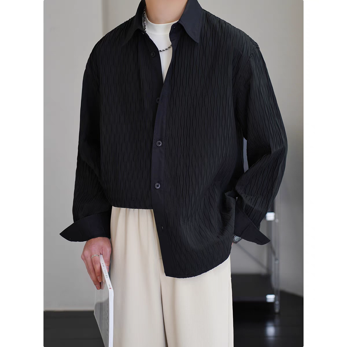 男士翻领菱形格衬衫2024秋季新款潮休闲宽松韩版纯色上衣3216