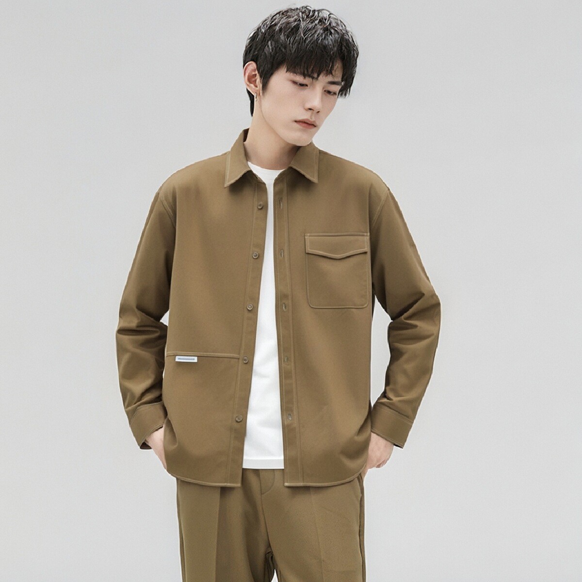 春季新款衬衫男士时尚明线韩版宽松翻领休闲长袖衬衣男2332