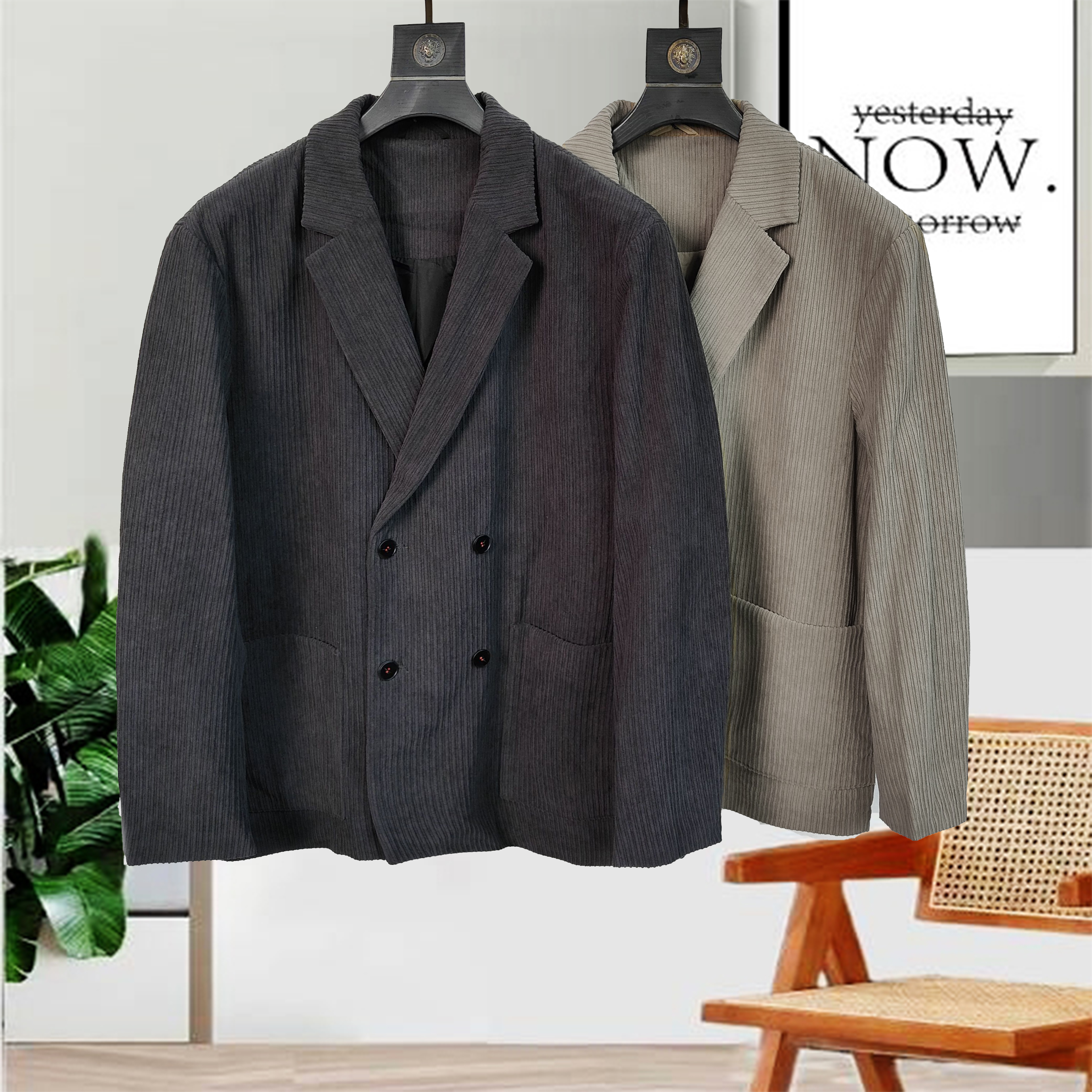 秋季新款男士双排扣时尚休闲百搭宽松经典平驳领纯色西服211038