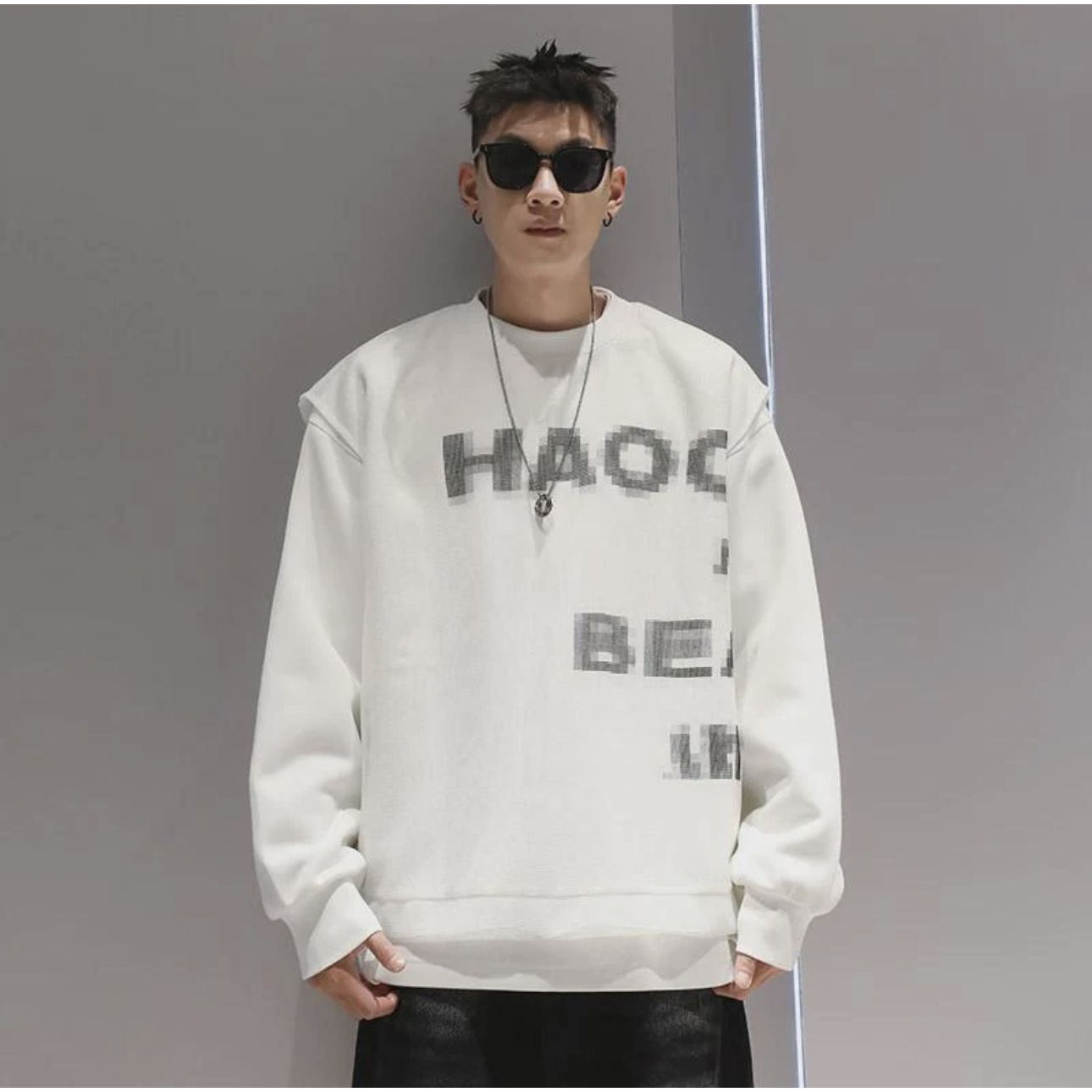 假两件网纱圆领卫衣   秋季男士美式潮牌宽松休闲卫衣24150