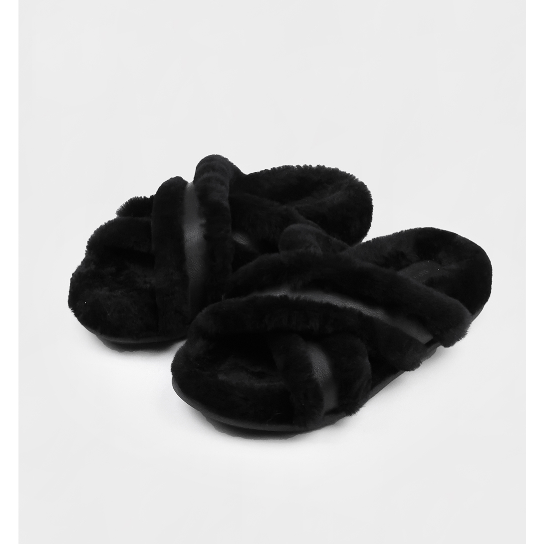 RuienCo.毛毛拖鞋 交叉羊毛牛皮橡胶大底时尚百搭可外穿保暖鞋子