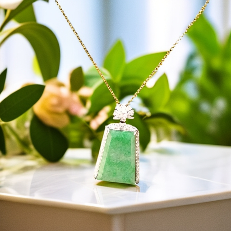 缅甸翡翠A货，果阳绿大无事牌，9.10放大漏，925银镶嵌38.6*20.97.3