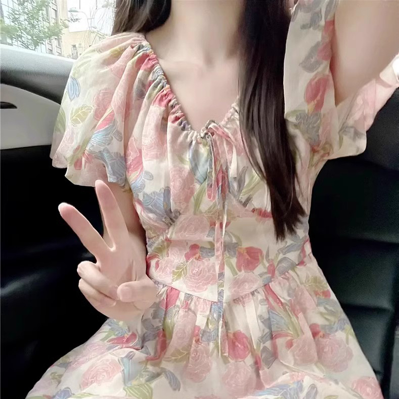 夏季新款衣服女装多巴胺茶歇法式桔梗穿搭气质粉色短袖连衣裙子女