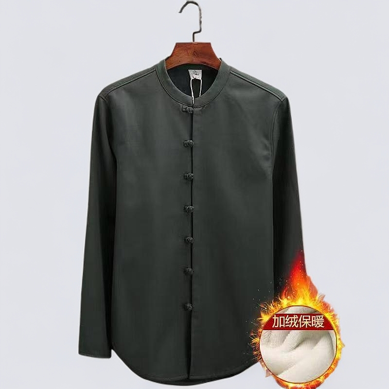 秋冬棉麻男休闲加绒加厚盘扣唐装衬衫青年潮流中式长袖立领衬衣