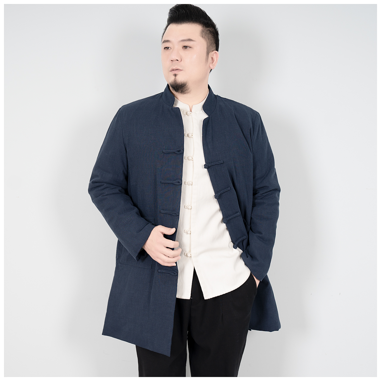 冬装男士棉麻中长款棉服中式立领盘扣休闲棉袄外套复古保暖棉衣