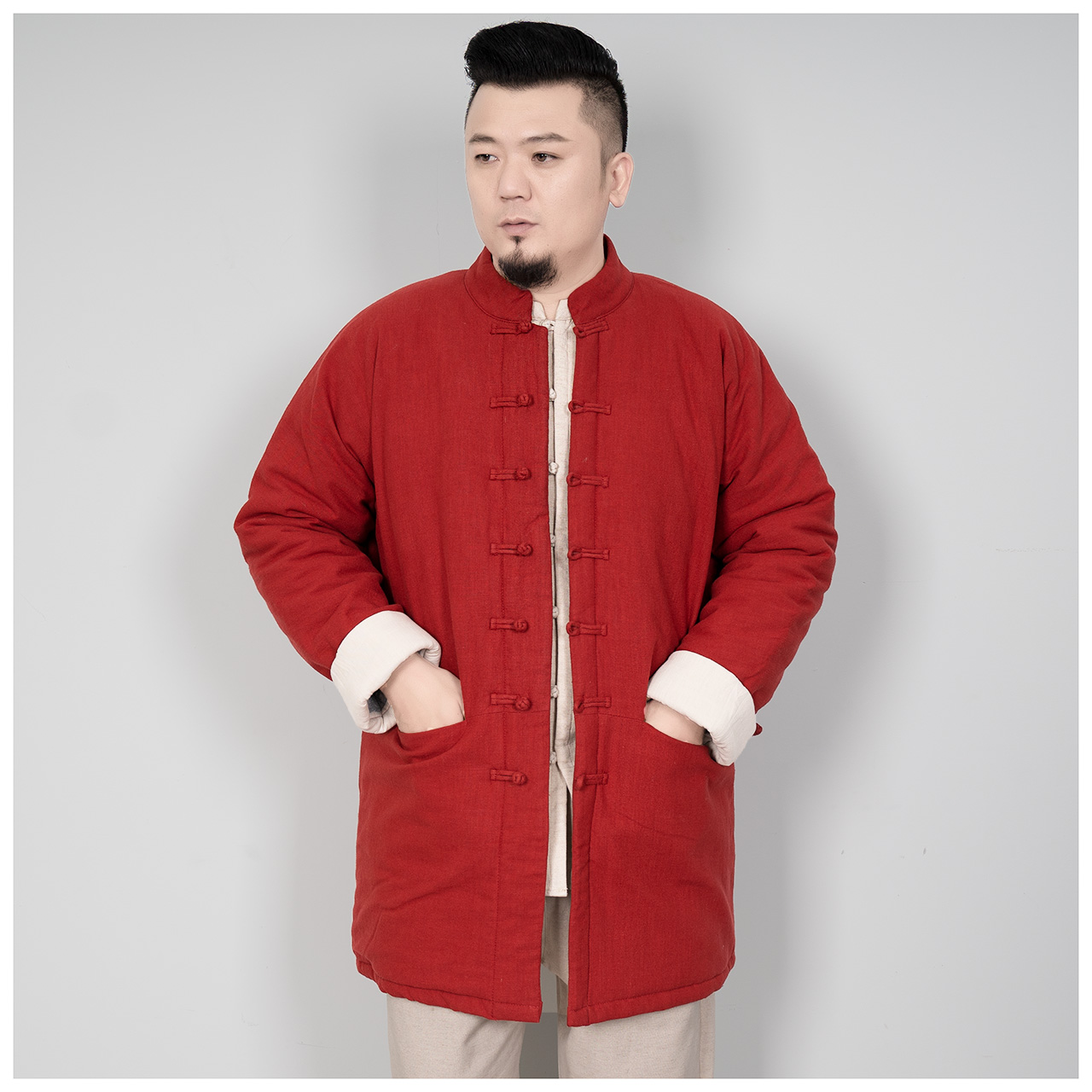 文柯冬装新款男士复古加棉中长款棉衣中国风盘扣棉袄中式加厚棉服