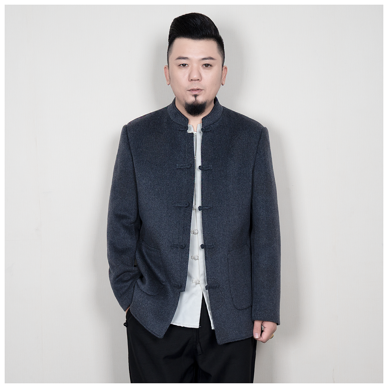 男式毛呢夹克秋冬中式立领盘扣唐装款青年脱卸羽绒内胆双面呢外套
