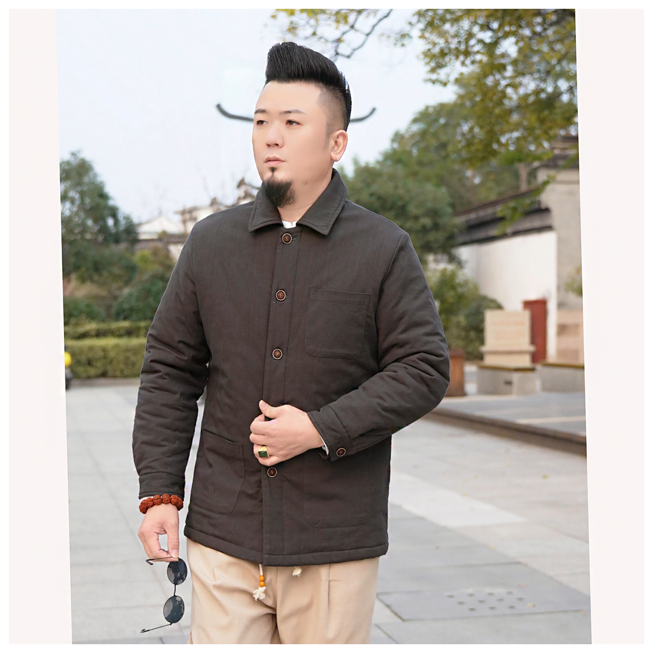 中式复古翻领棉衣男冬季保暖仿麻肌理感纯棉面料休闲棉服外套