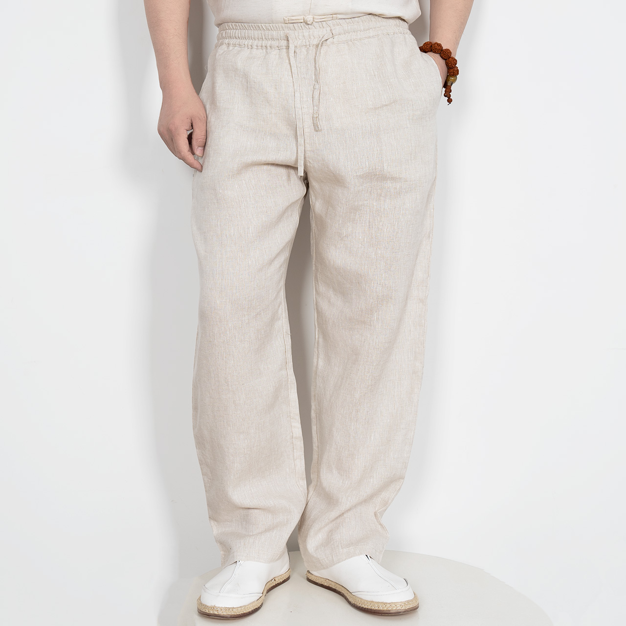 新款男士纯亚麻长裤百搭透气直筒裤春夏百搭休闲裤松紧腰大码裤子