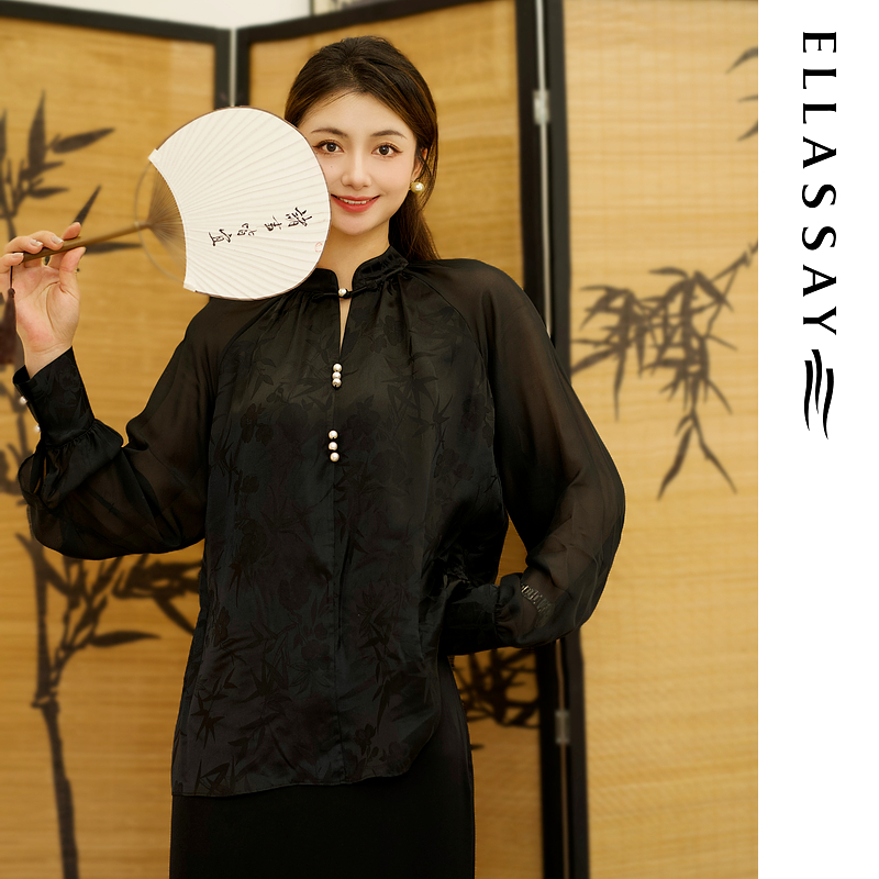 ELLASSAY歌力思2024秋季新款桑蚕丝国风提花衬衫女EWW353C00600