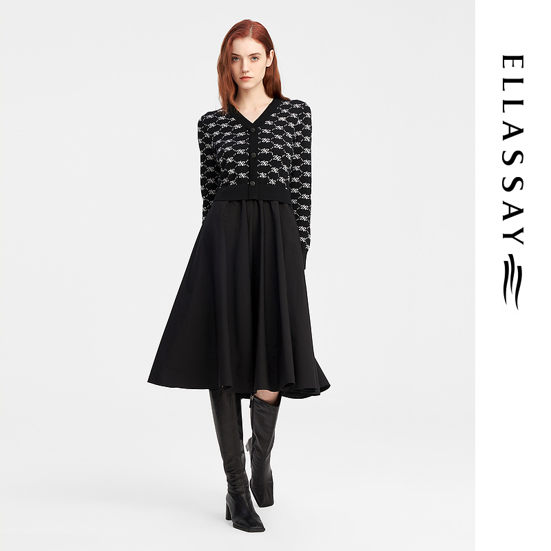 ELLASSAY歌力思2023秋季新款绵羊毛V领收腰连衣裙女EWW343Y02500
