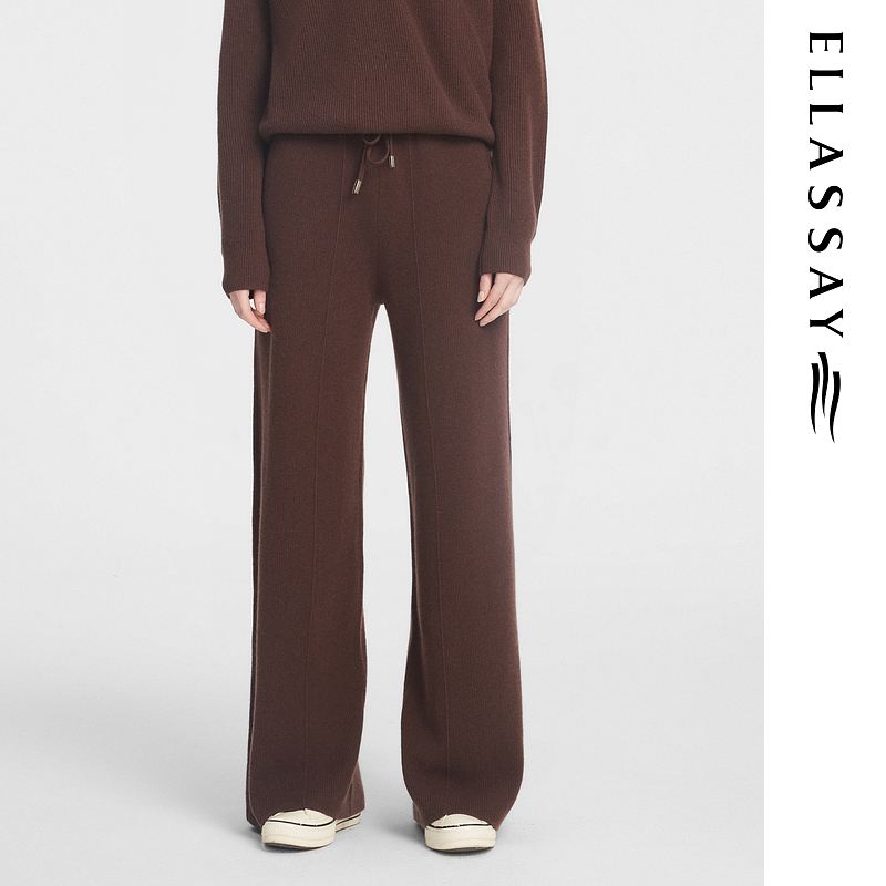 ELLASSAY歌力思24秋季新款绵羊毛高腰复古阔腿休闲裤EWB353M00900
