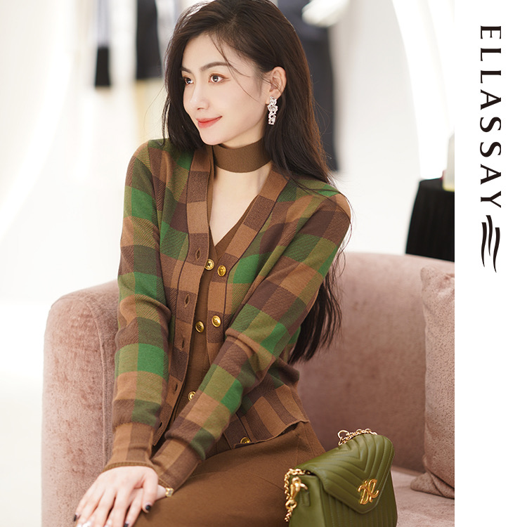 ELLASSAY歌力思新品秋冬款复古摩登绿咖格纹针织毛衫EWW333M14800