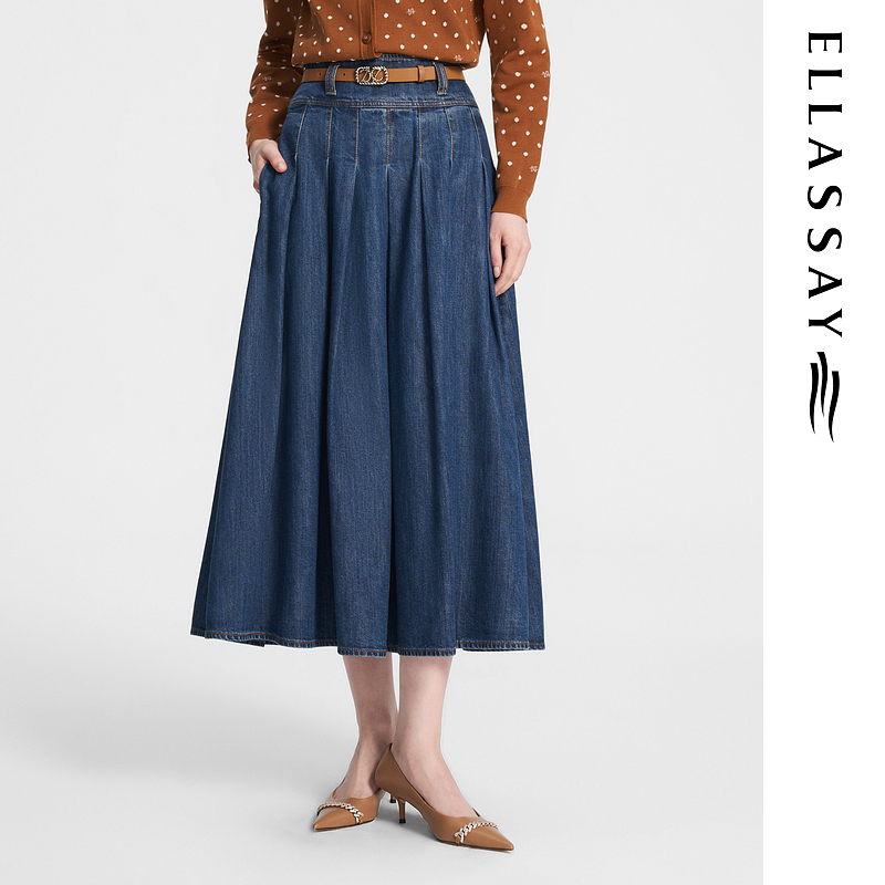 ELLASSAY歌力思秋季复古时髦垂坠顺滑牛仔半身裙女EWE353N00900