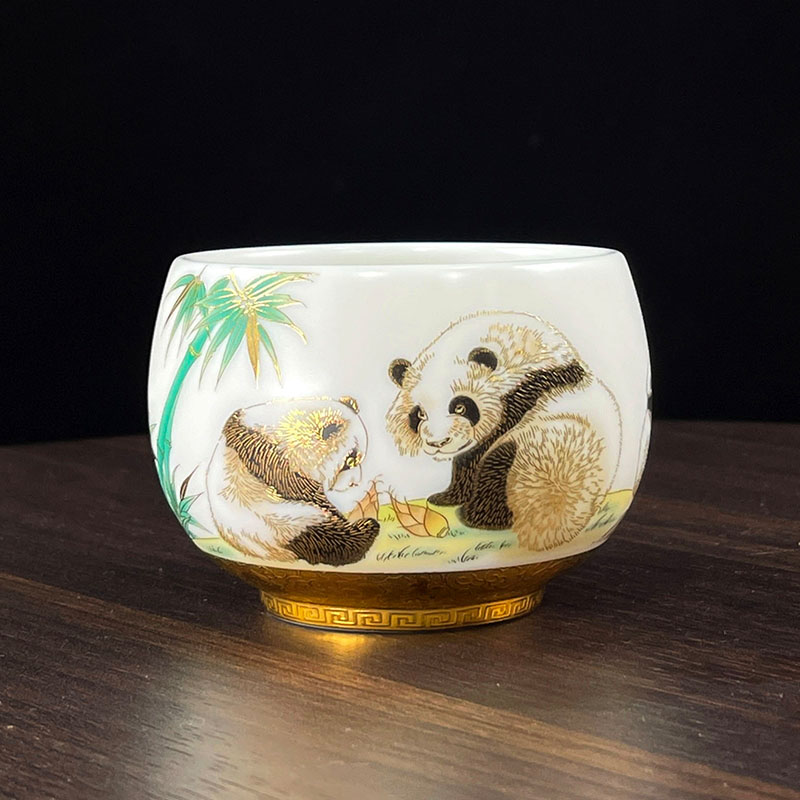 高档描金华夏雄风熊猫杯办公居家个人专用茶杯陶瓷品茗杯白瓷茶具