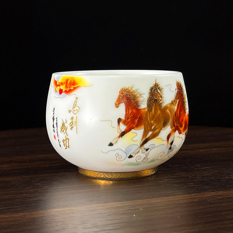 新款描金马到成功马杯高档德化白瓷纯手工个人家用主人杯陶瓷茶杯