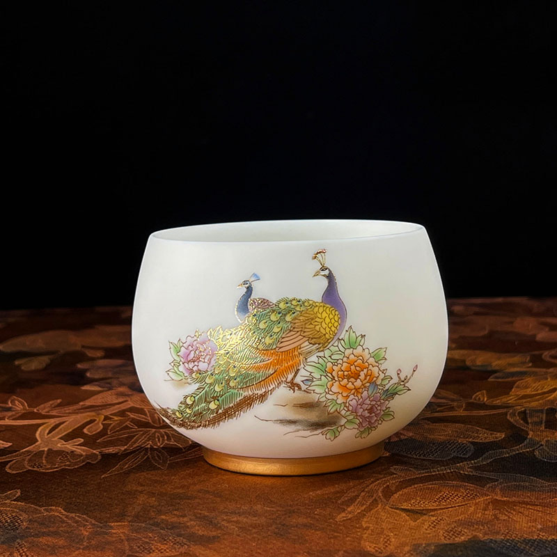素烧羊脂玉白瓷孔雀主人单杯茶杯个人专用描金陶瓷家用送礼品茗杯
