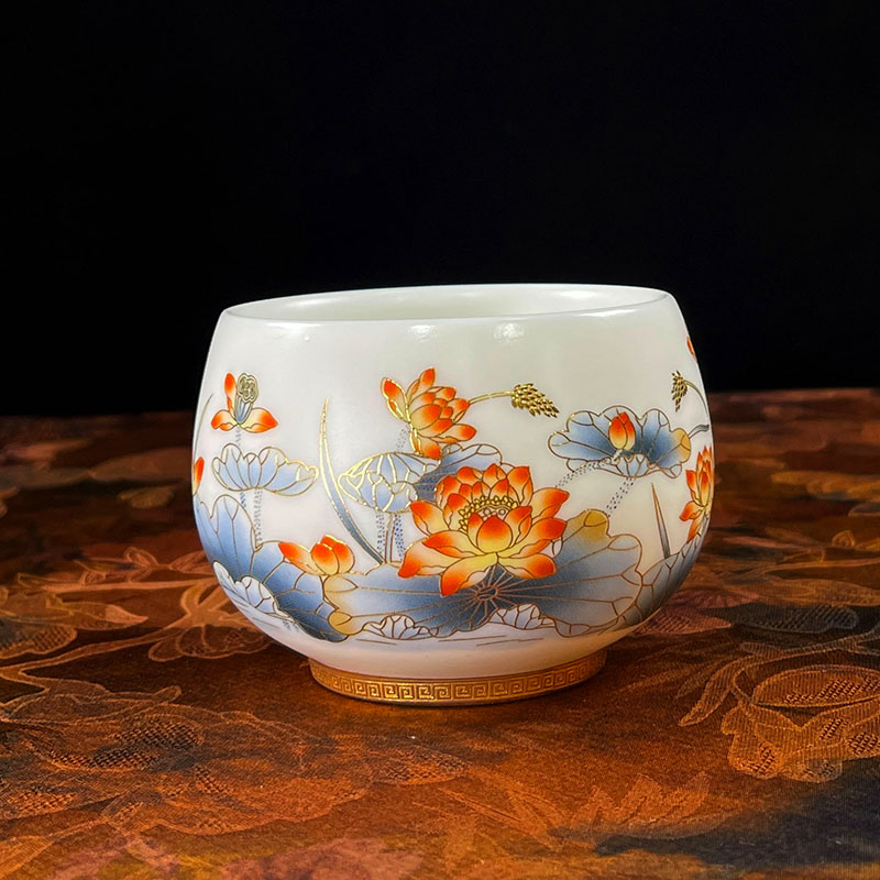 轻奢描金高档荷趣莲花茶杯白瓷罗汉杯个人家用盏陶瓷主人杯礼盒装