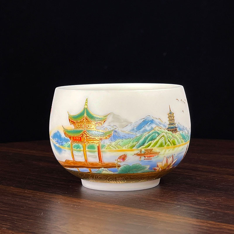 精致杭州西湖杯子高档陶瓷家用主人杯白瓷手绘禅定杯羊脂玉瓷茶具