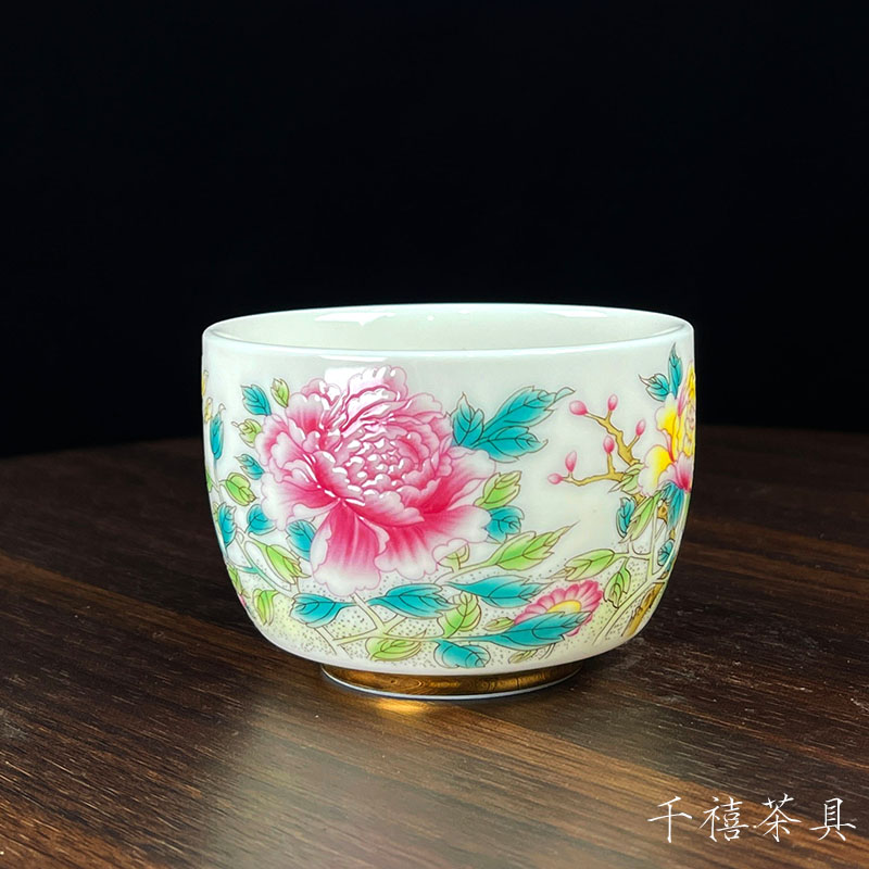 高档国色天香牡丹茶杯中式家用个人陶瓷主人杯珐琅彩高端白瓷茶盏