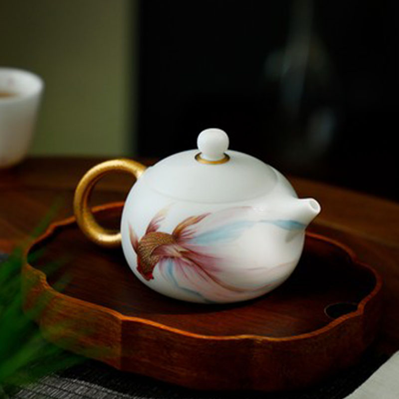 高档悠然自得羊脂玉白瓷西施泡茶壶单壶描金手工龙蛋壶功夫泡茶器