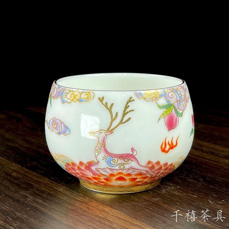 一路生花主人杯珐琅彩茶碗一鹿有你杯个人喝茶专用羊脂玉白瓷茶具