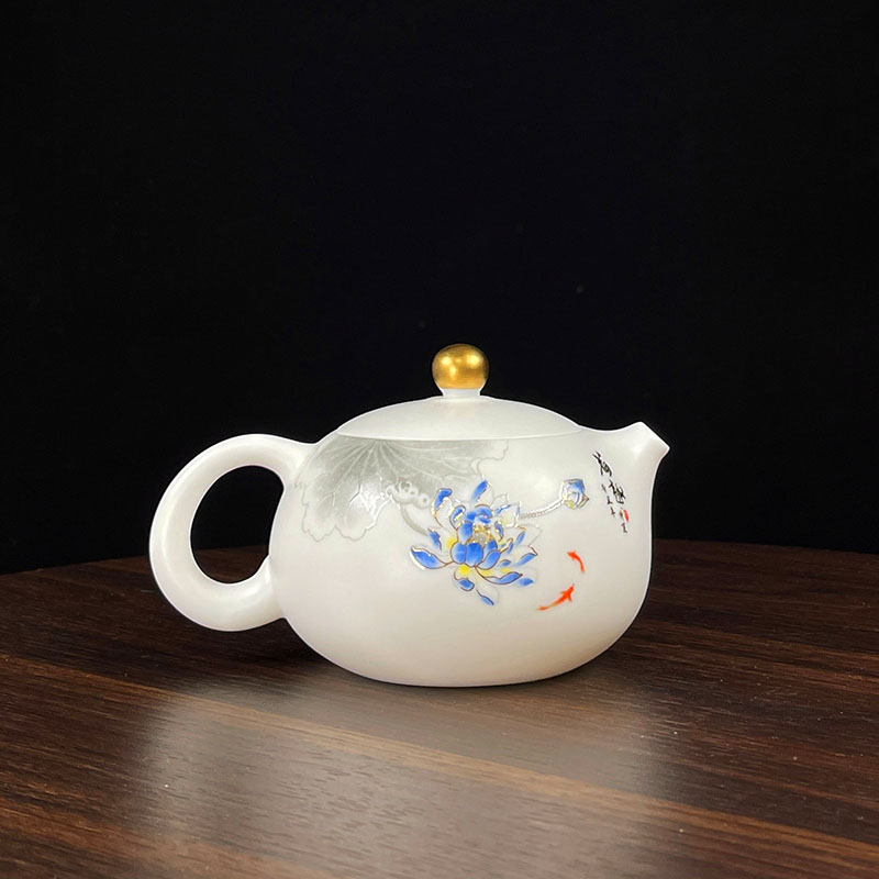 高档一品青莲西施壶羊脂玉白瓷家用陶瓷手工功夫泡茶壶荷花趣单壶