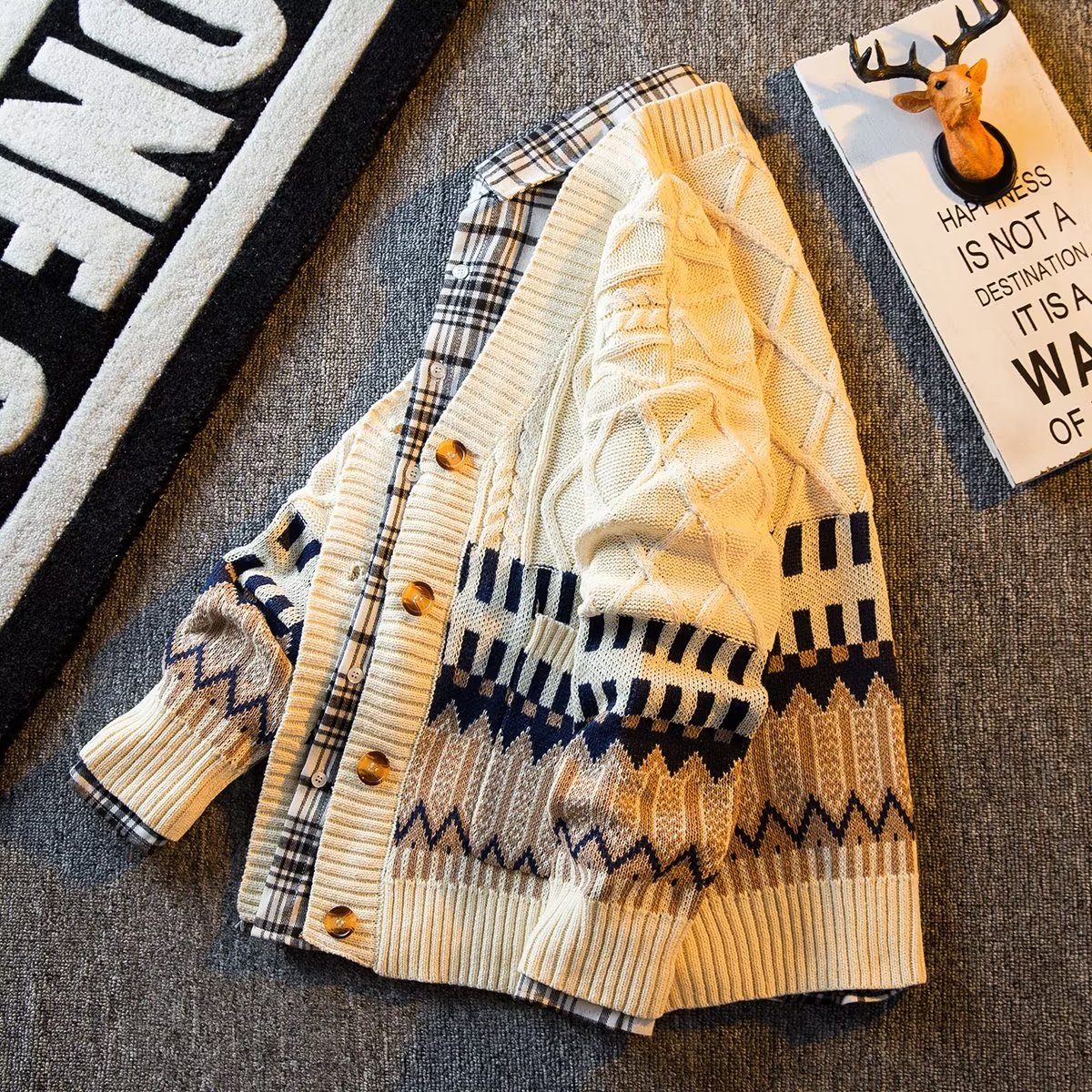 新款高档韩式复古拼接菱格V领开衫毛衣男宽松针织衫外套男春秋款