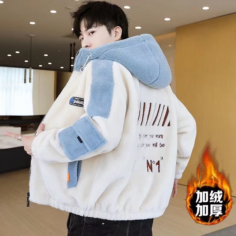 加绒加厚拼色连帽棉衣男士韩版修身摇粒绒潮牌帅气羊羔绒外套棉服