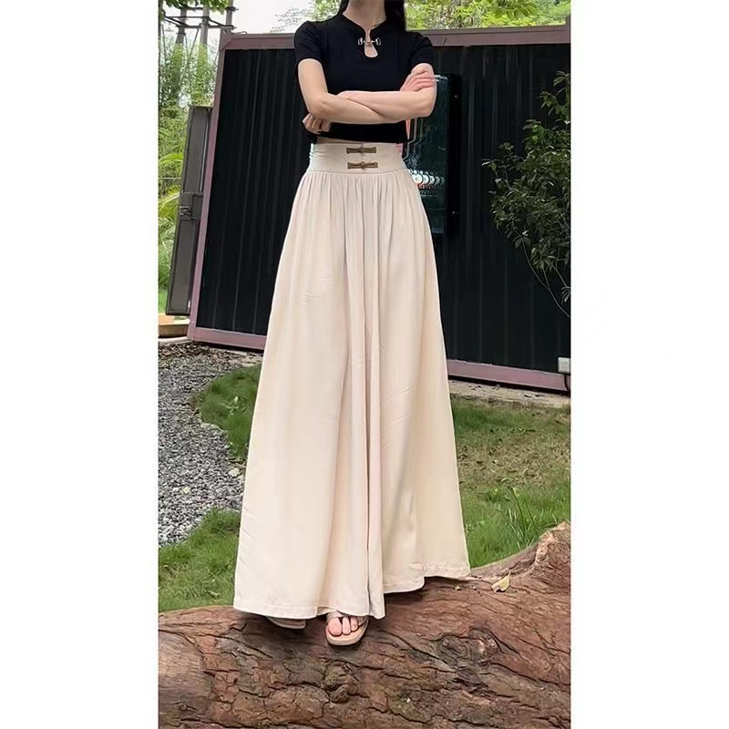 国风盘扣高腰长款垂坠感阔腿裙裤女夏秋季新中式设计感宽松休闲裤