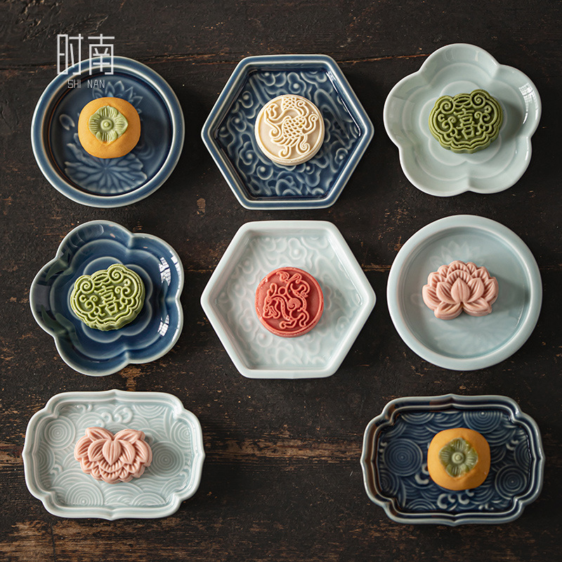 茶店中式禅意陶瓷茶点盘家用复古糕点盘古风摆盘精致茶道浮雕果盘