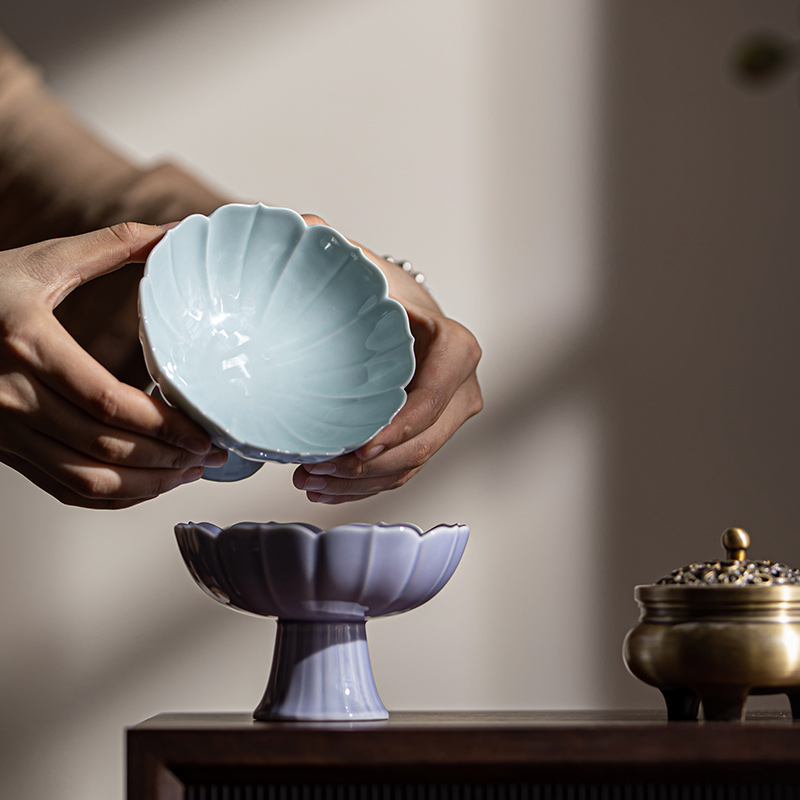 【时南】莲花中式茶点盘陶瓷高脚果盘点心盘茶室小吃零食甜品糕点盘